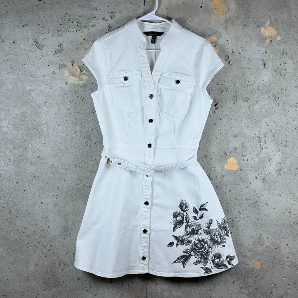 White House Black Market White Denim Floral Button Front Belted Dress Womens 8